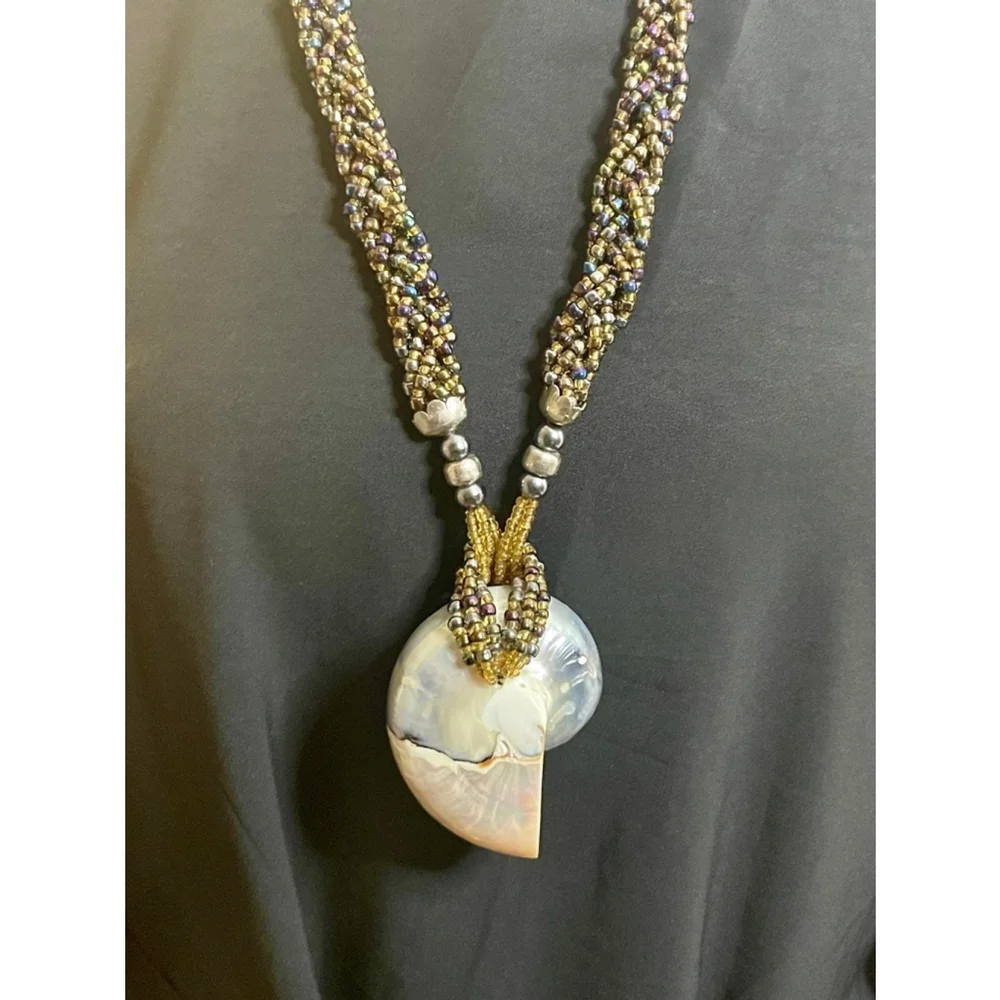 Large Boho Nautilus shell pendant Statement Necklace braided bead strands Beach - Picture 3 of 10